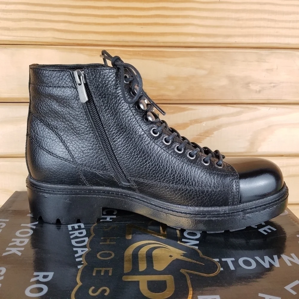 Men's 100% Genuine Leather Black Ankle Boots 7 US Paul Branco Side Zip Lace-up